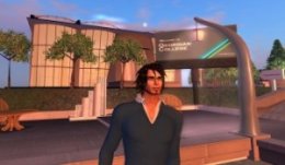 An avatar stands in front of a virtual building and virtual Georgian College sign